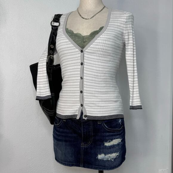 Gray and White Striped Button V-Neck Cardigan - Picture 1 of 9